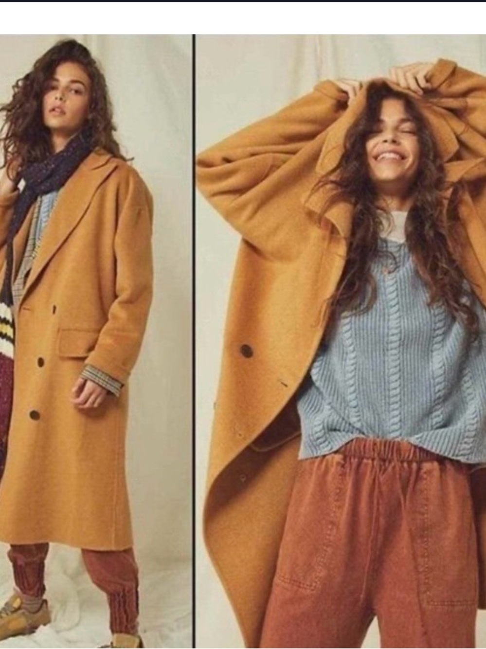 Free People Camel Double-Breasted Wool Pea Coat